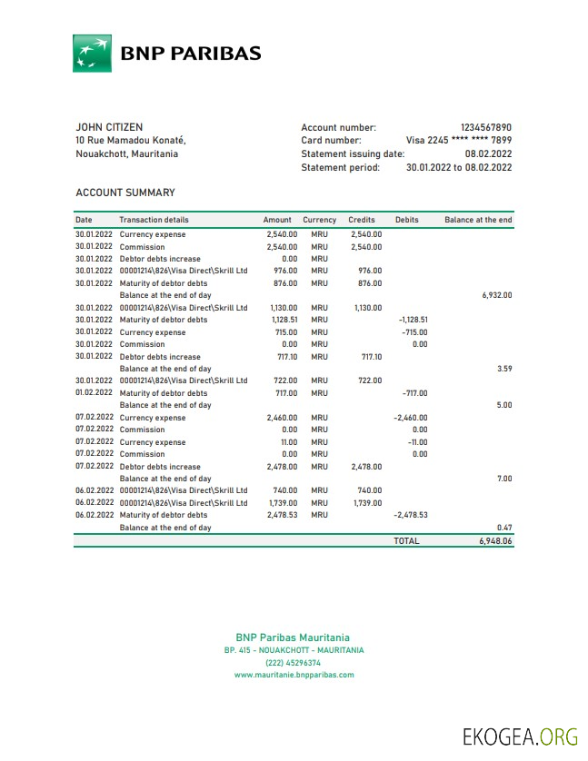 Relevé bancaire BNP Paribas Mauritanie